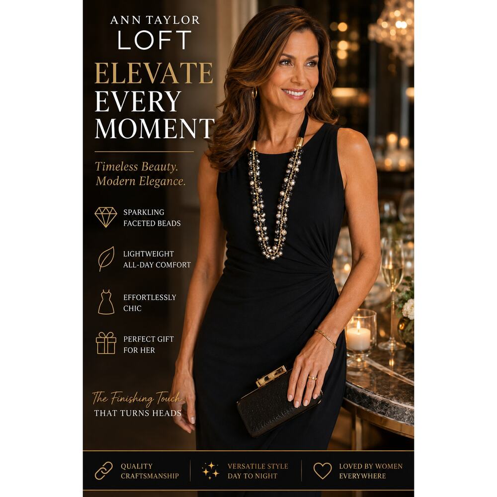 Ann Taylor LOFT Black Gold Crystal Beaded Necklace Velvet Ribbon Statement